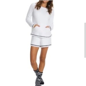 Barefoot Dreams Cozy Chic White Lounge Sweatshirt and Short Set with Black Trim